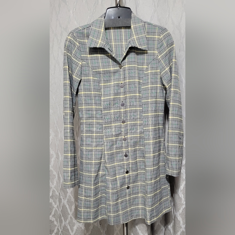 SHEIN - Women’s Plaid Shirt Dress – Grey, Yellow & Green – Fit and Flare